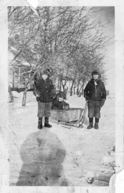 Chernoff Brothers Pete on Left, Sam on Right and Harry in the Sleigh at Khutor. 1923 or 24. Chernoff Brothers