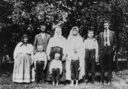 Taken at Khutor Ranch Section 13 near Veregin Saskatchewan. Grandma Anuta (Annie) Chernoff nee Popoff, John N Chernoff, wife Hanya Semenoff, Mabel, Nick John, Front: Pete, Harry, Sam. Grandmother Anyuta and John N. Chernoff Family