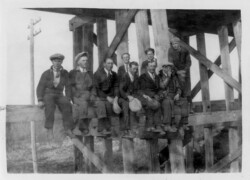 L. to R. Fred Davidoff, John Konkin, Harry Chernoff, Joe Fofonoff, Bill Podovilnekoff (Joe Sherstobitoff's Uncle), Jim Fofonoff, and top right Sam Chernoff and John Chernoff. Veregin Saskatchewan Spring 1935 - Under the bridge at Fred F. Chernoff's farm. Under the bridge at Fred F. Chernoff's farm.