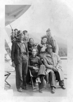 On Kootenay Lake Ferry. 1936 Sam J Chernoff on far right. On Kootenay Lake Ferry.