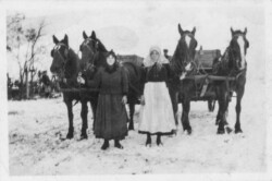 Left "General Bill Chernoff's sister. Right Mabel J Chernoff in Verigen work hauling grain at thrushing time. In year 1920s - Bill Chernoff section 15 Ranch. Mabel J Chernoff