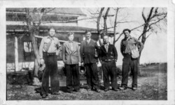 Sam J Chernoff, Harry J Chernoff, John N Chernoff, Fred Davidoff (cousin), Pete J Chernoff. Khutor ranch 1935 Saskatchewan Chernoffs and Cousin Davidoff