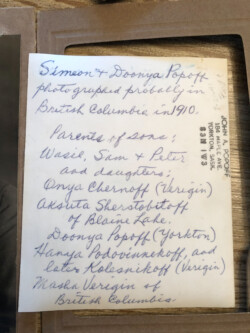 Details written on the back of the photo of Anyuta's parents Simeon and Doonya. Back of Simeon and Doonya Popoff Photo